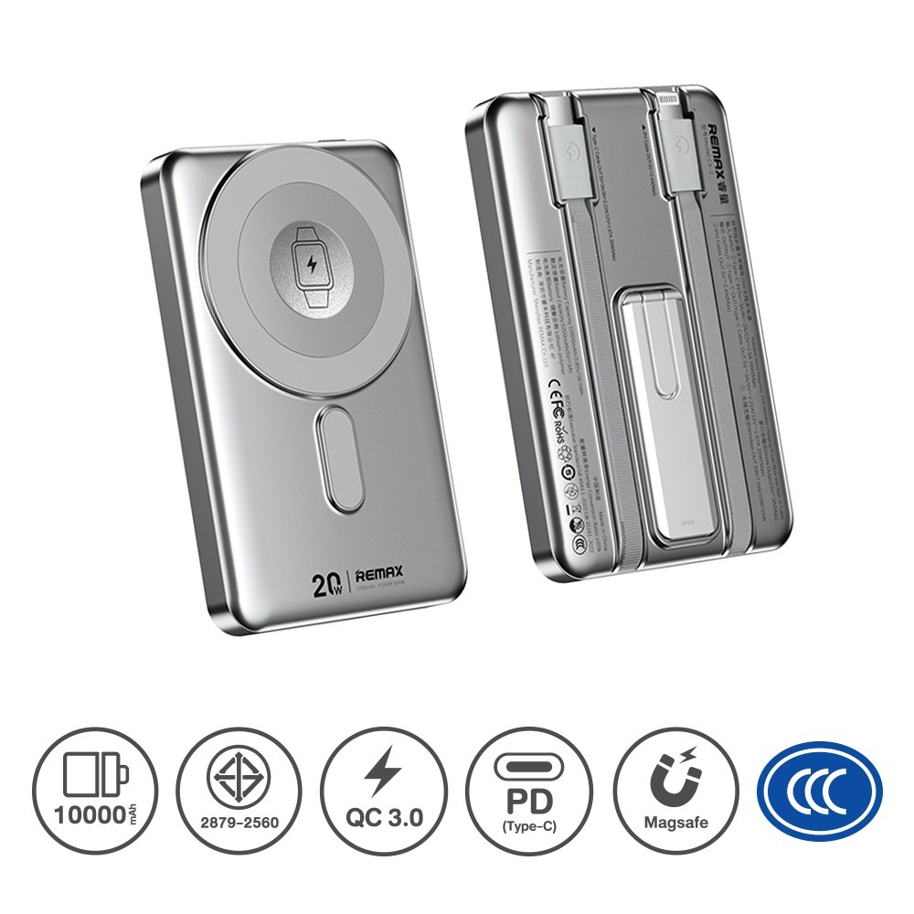 [CCC & มอก.] Remax Power Bank 3C ไร้สาย สำหรับเที่ยวประเทศจีน ความจุ 10,000 mAh พร้อมสายในตัว รุ่น R
