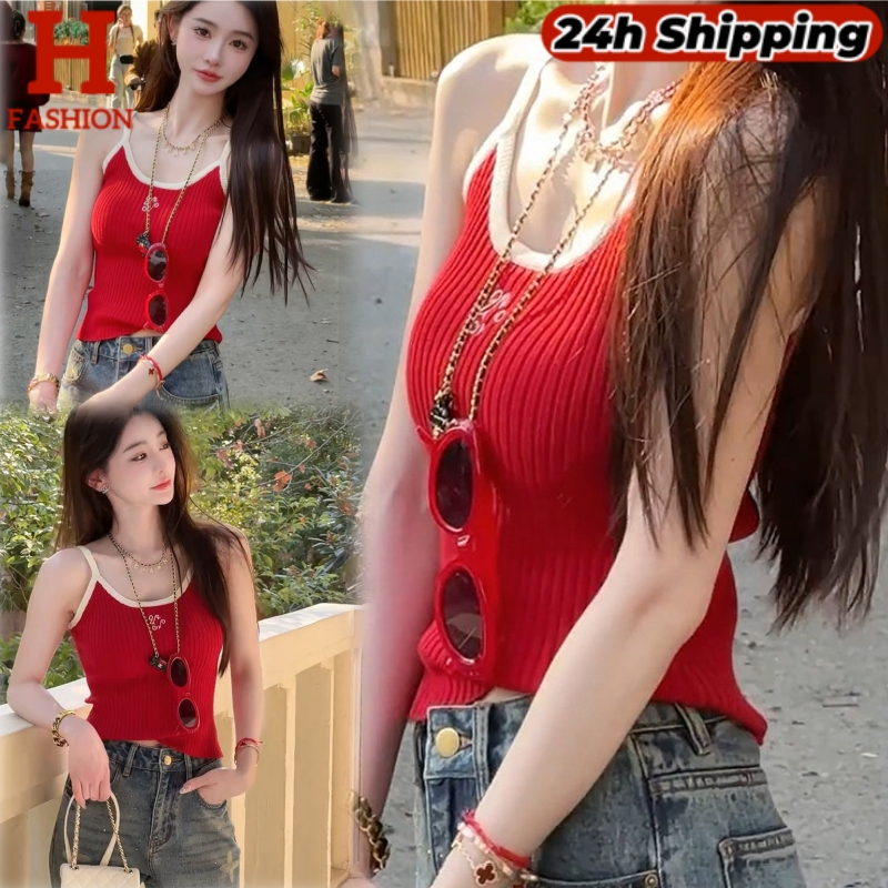 HOT พร้อมส่ง' crop top  เสื้อสายเดี่ยวตัวอักษรพิมพ์เย็บปักถักร้อยแขนกุด Y9911