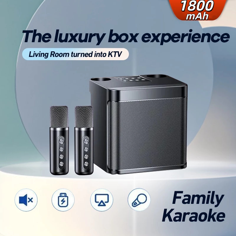 ไมค์บลูทูธไร้สาย ลำโพงคาราโอเกะรองรับ USB/TF/AUX ด้วยไมโครโฟนคู่ 3D เครื่องขยายเสียงสเตอริโอลำโพงพกพาสำหรับคาราโอเก