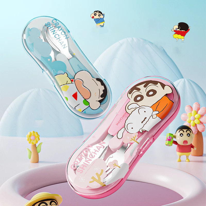 【ลิขสิทธิ์แท้】Crayon Shinchan ช้อนส้อมเด็ก สแตนเลส 304 | พร้อมกล่องพกพา ลายน่ารัก ปลอดภัยสำหรับเด็ก