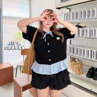 เสื้อคอกลมแต่งสก็อต เสื้อสาวอวบ อก38-52นิ้ว Plussize