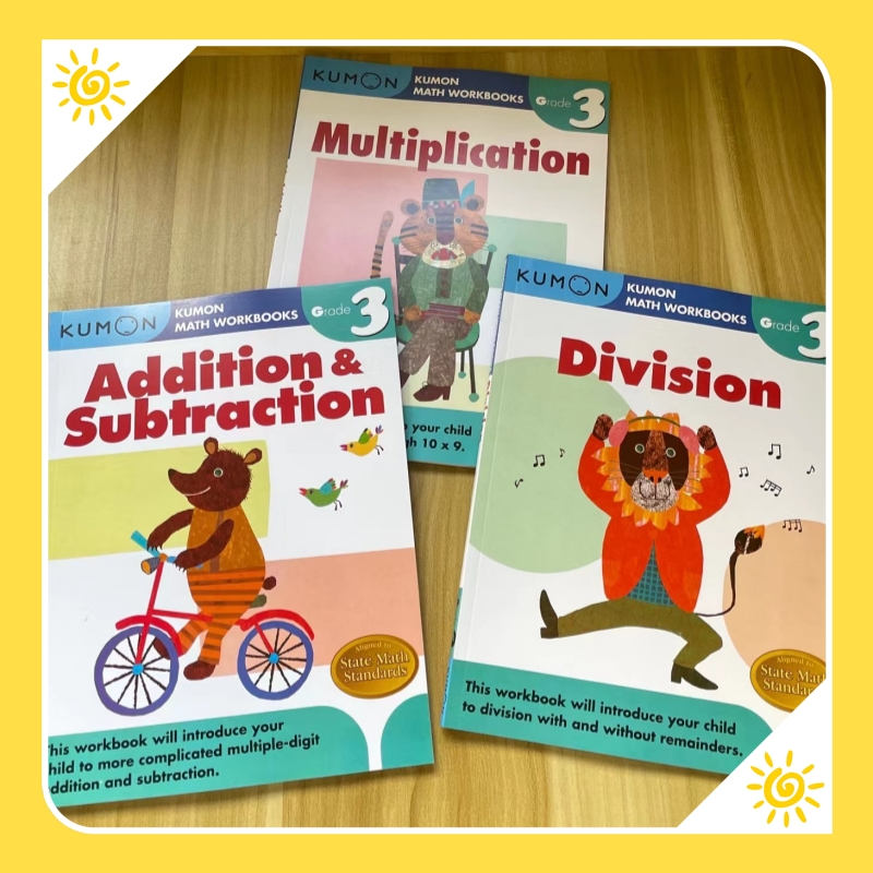 Kumon Grade 3 Comprehensive Math Workbooks Set - Addition & Subtraction, Multiplication, Division - 