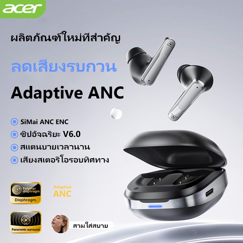 Acer OHR646 หูฟัง ลดเสียงรบกวน ANC หูฟังบลูทูธไร้สาย HiFi HD Call หูฟังTWS Bluetooth6.0 พร้อมไมโครโฟ