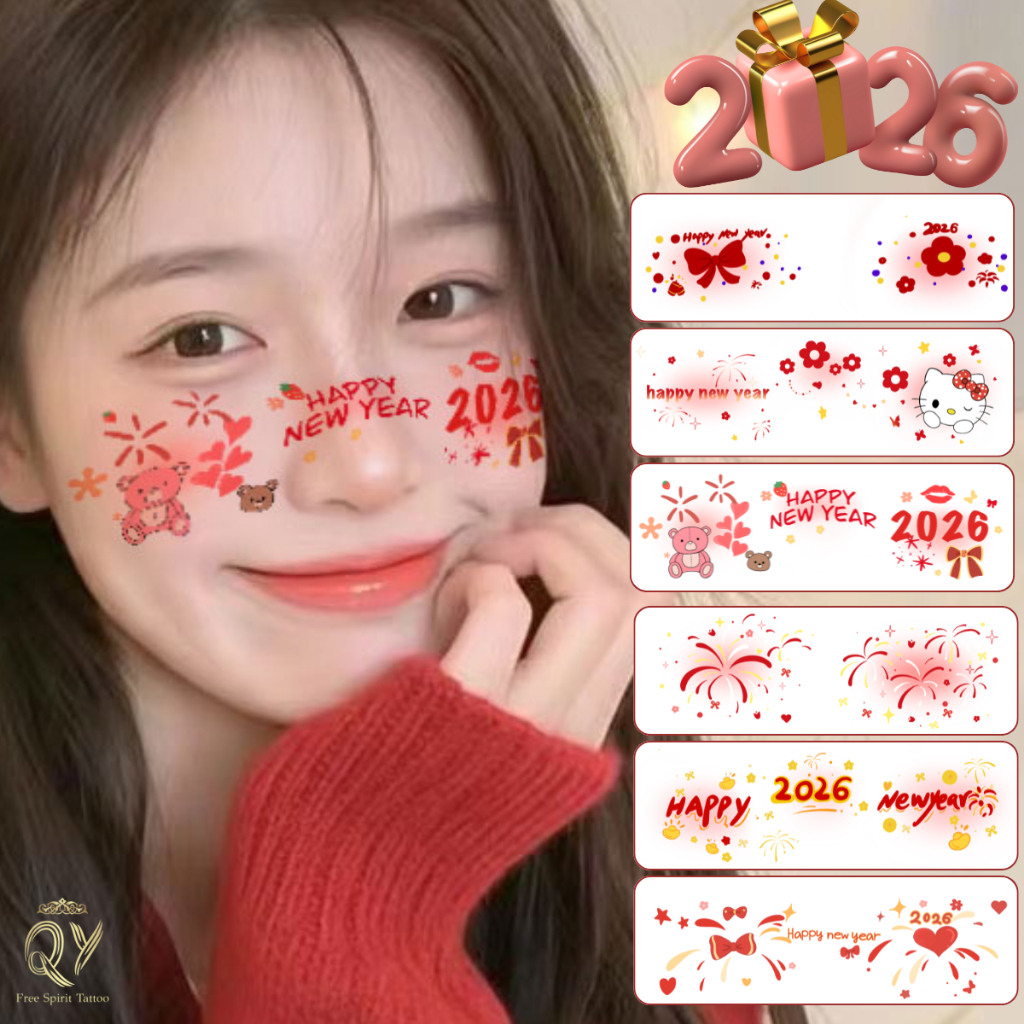 สติ๊กเกอร์ติดหน้า ตรุษจีน 2026ปีใหม่ tattooติดหน้า ตรุษจีน เด็กผู้ใหญ่ บลัชเชอร์ตกแต่งหน้าและติดร่างกาย การ์ตูน อักษรจีน