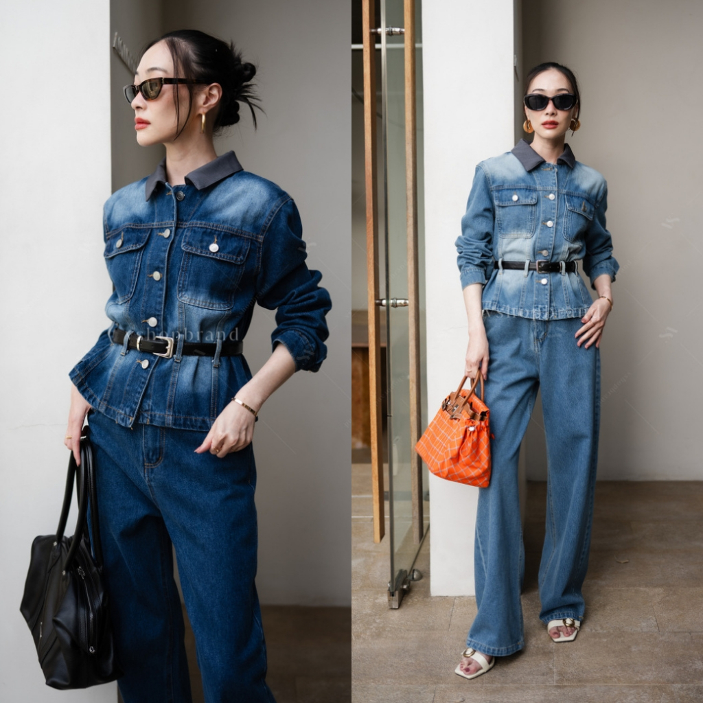 พร้อมส่ง Set เสื้อยีนส์แขนยาวปกทูโทนกระเป๋าอก+กก.ขายาว+เข็มขัด ขนาดS-XXL งานป้ายVshop