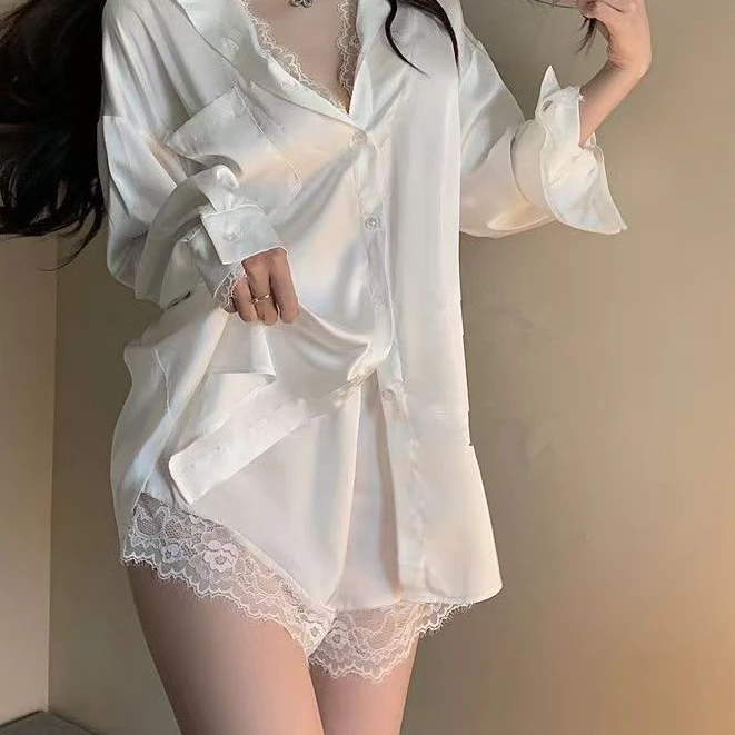 ❤sweet❤~ผู้หญิง หวาน เซ็กซี่ ประกบลูกไม้ เสื้อเชิ้ต เสื้อผ้าบ้าน ชุดนอน