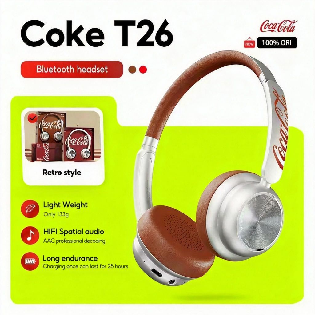 หูฟัง Coca Cola T26 Retro Headphones หูฟังไร้สาย Bluetooth 5.4 หูฟังครอบหูพร้อมไมโครโฟน