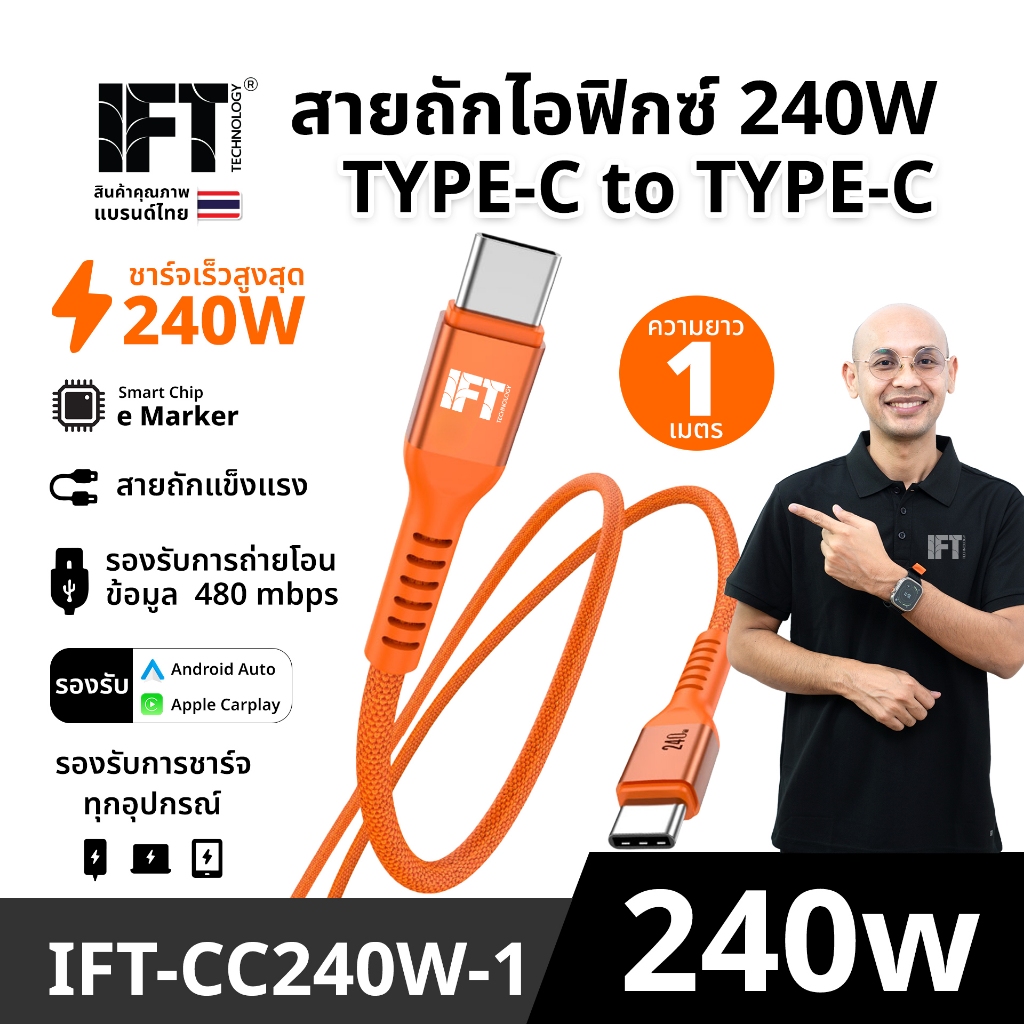 สายถักไอฟิกซ์ 240W แบบ C to C ยาว 1-3 เมตร มีชิป e Marker แข็งแรง ทนทาน