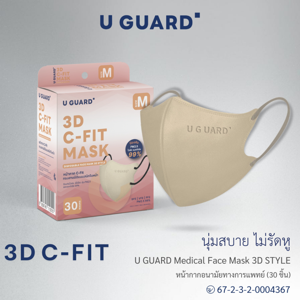 หน้ากากอนามัย U GUARD MASK ทรง V SHAPE สีน้ำตาล หายใจสะดวก สายคล้องนุ่ม ไม่รัดหู 30 ชิ้น / กล่อง