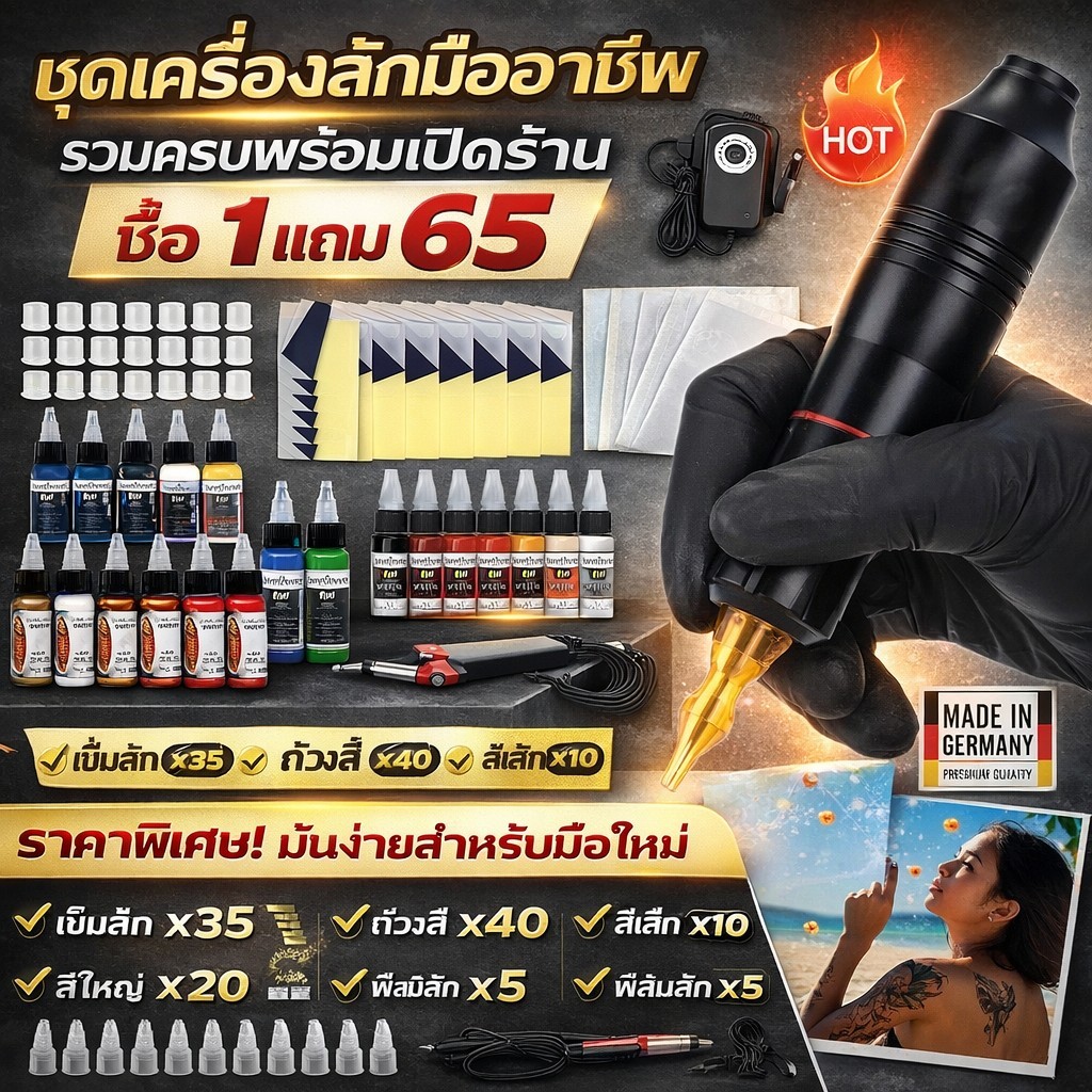 เครื่องสักไร้สาย ปากกาสัก Wireless Tattoo Pen ปรับจังหวะ 2.0–4.2mm หน้าจอ LED แถมพาวเวอร์แบงค์ 10000mAh