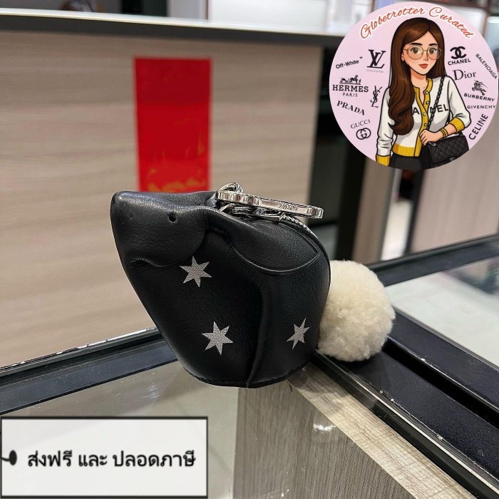 LOEWE พวงกุญแจ/กระเป๋าเล็กหนังสีดำ ดีเทลรูปกระต่ายดาวสีเงิน