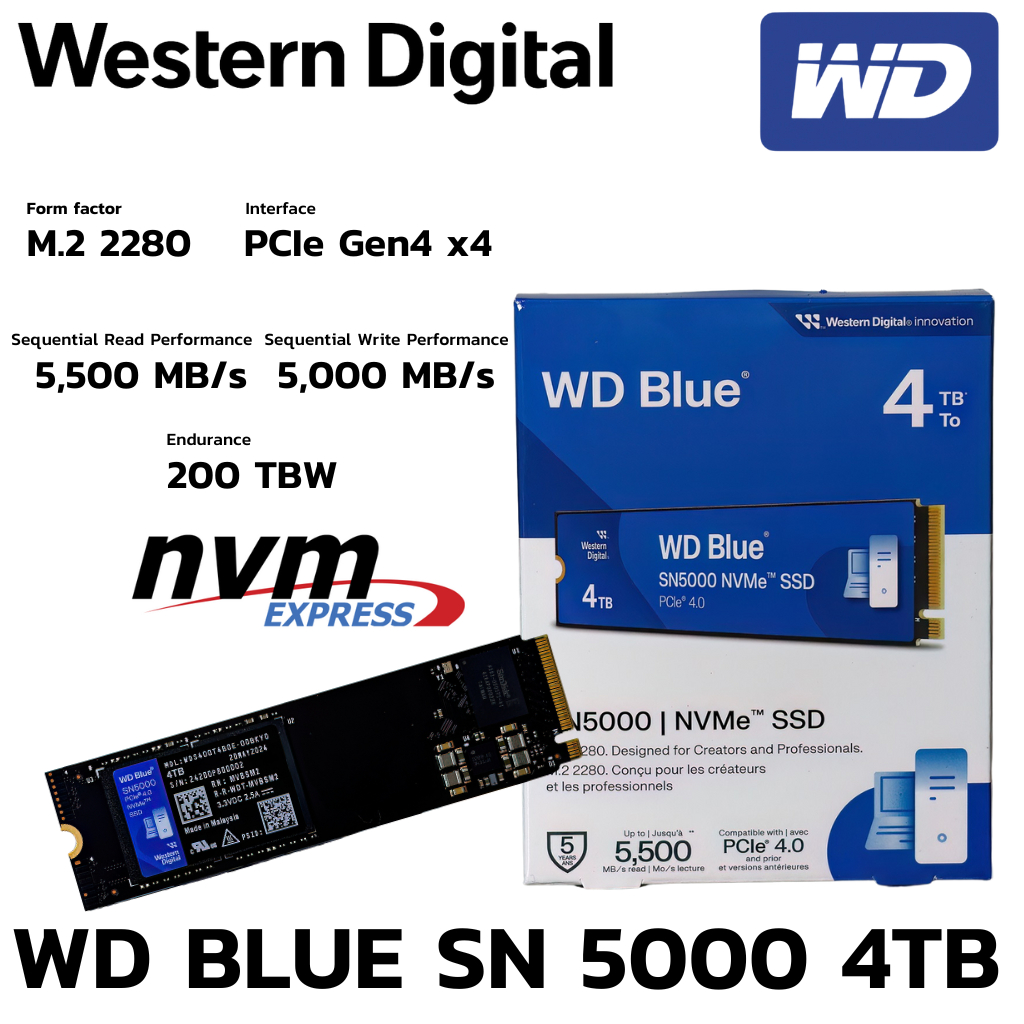 M.2 4 TB SSD (เอสเอสดี) WD BLUE SN5000 - PCIe 4x4 NVMe M.2 2280 (WDS400T4B0E)