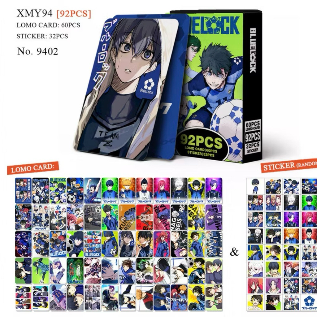 92 ชิ้นเซ็ต BLUE LOCK 32 สติ๊กเกอร์และ การ์ด รูปถ่าย 60ชิ้น โปสการ์ดการ์ด LOMO สองด้าน การ์ดสะสมกล่องพวงกุญแจ