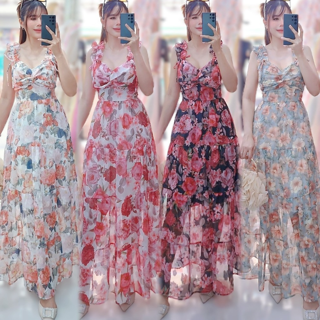 #571# Maxy dress สายเดี่ยว รูดสายปรับสายได้ อกไขว้มีฟองน้ำ ด้านหลังเป็นสม็อค ชายกระโปรงระบาย 4 เลอเยอร์