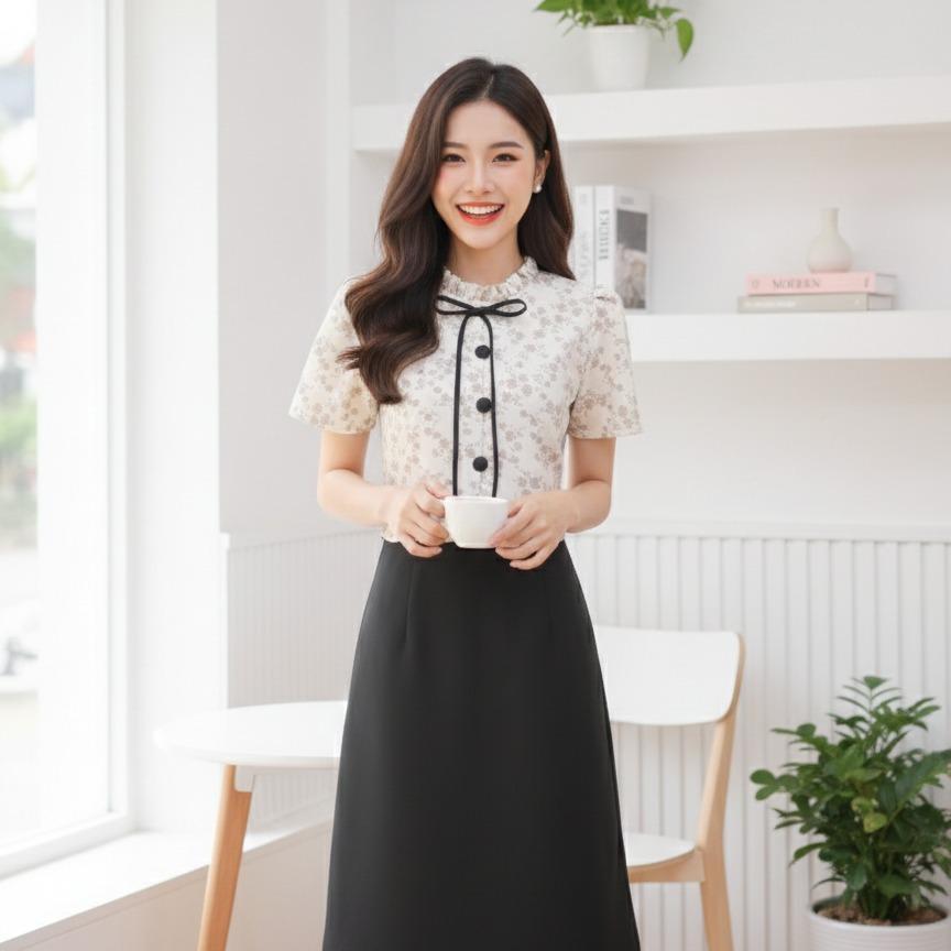 PM12 เดรสคอระบาย ชายก้อนเมฆ ครีมดอกน้ำตาล