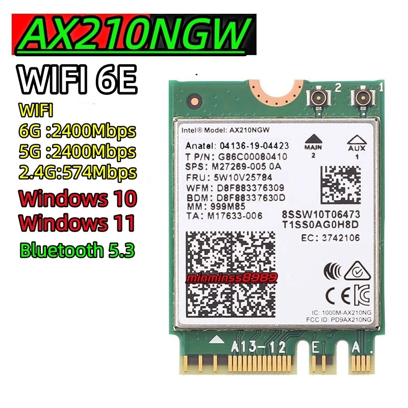 AX210NGW Intel Wi-Fi 6E Bluetooth 5.3 MU-MIMO 802.11ax Tri-Band Wi-Fi Adapter 2.4/5/6 GHz NGFF/M.2 /PCIE8/10/12DB