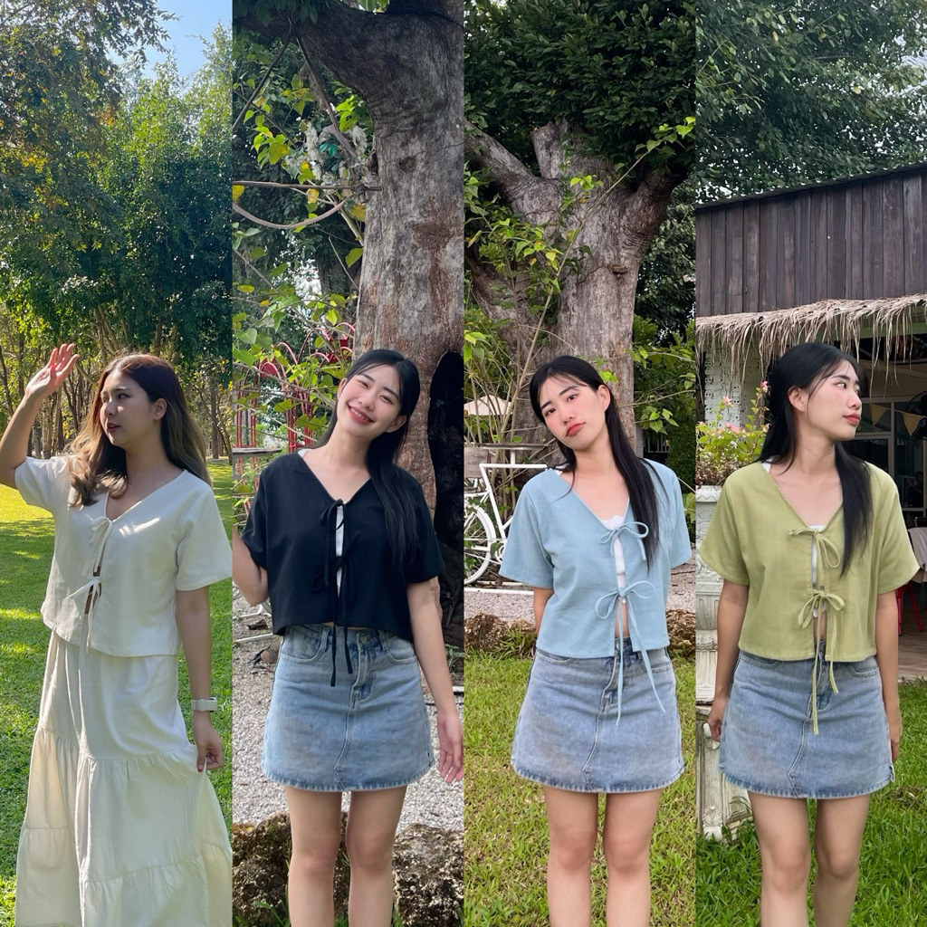 Kwan💝 เสื้อแขนสั้นคอวีผ่าหน้าผูกเชือกผ้าฝ้าย