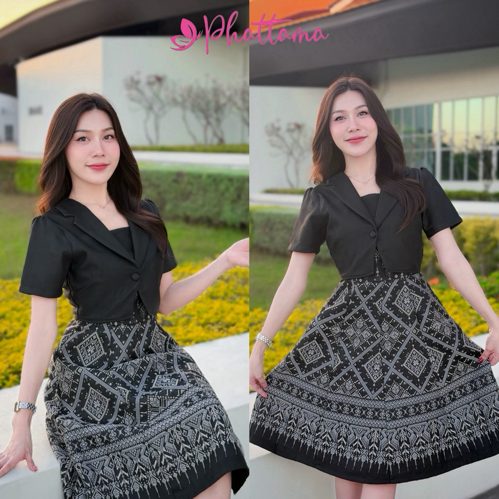 เดรสผ้าทอสมัดหมี่สีดำแต่งกั๊กทรงย้วย8ชิ้นสวยมาก