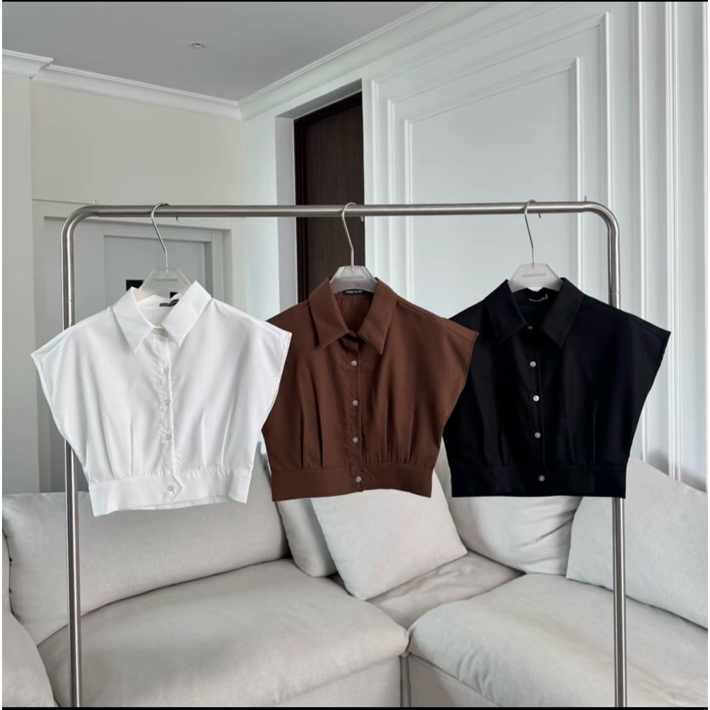 [มือสอง/สภาพนางฟ้า] เสื้อครอปเชิ้ต PROMTHONG ดีไซน์เอวจีบ ทรงสวยเป๊ะ