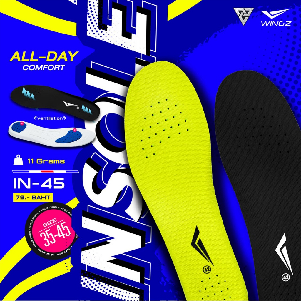 Wingz IN-45 INSOLE พื้นรองเท้าแบบบางรุ่นใหม่ เสริมส้นกระจายแรงกด ขนาด  39 - 45