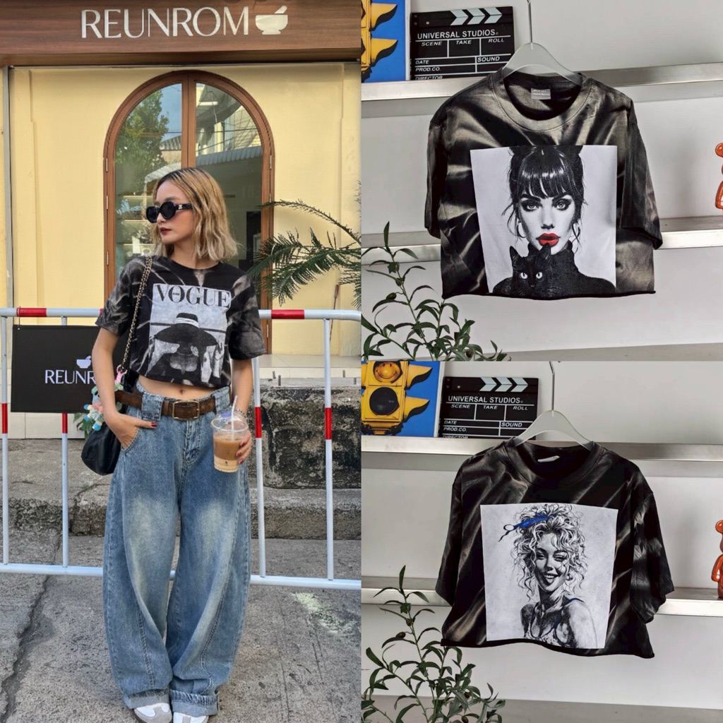 hmwe shop🍊เสื้อผ้าฟอก แขนสั้น คอกลม เสื้อครอปOversize มีแต่ลายน่ารักๆ อก 44 -46 ยาว 18ผ้าใส่สบายดูดีดูแพง