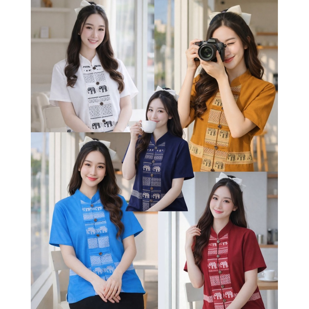 เสื้อคอจีน แต่งลายช้าง กระดุมคู่แกะได้ทุกเม็ด