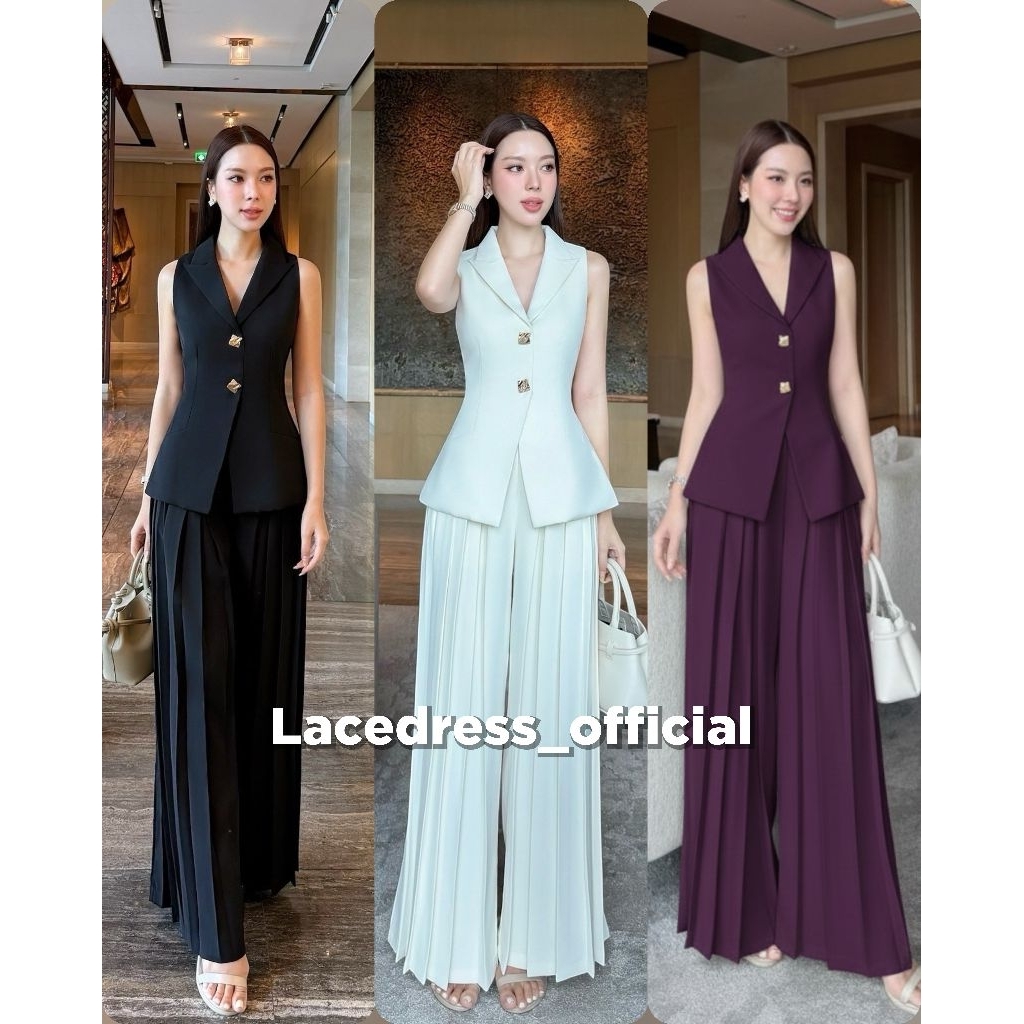 Adora●พร้อมส่งครบสีไซส์●ชุดเซ็ตเสื้อคอปกแขนกุด+กางเกงพลีทขาบาน