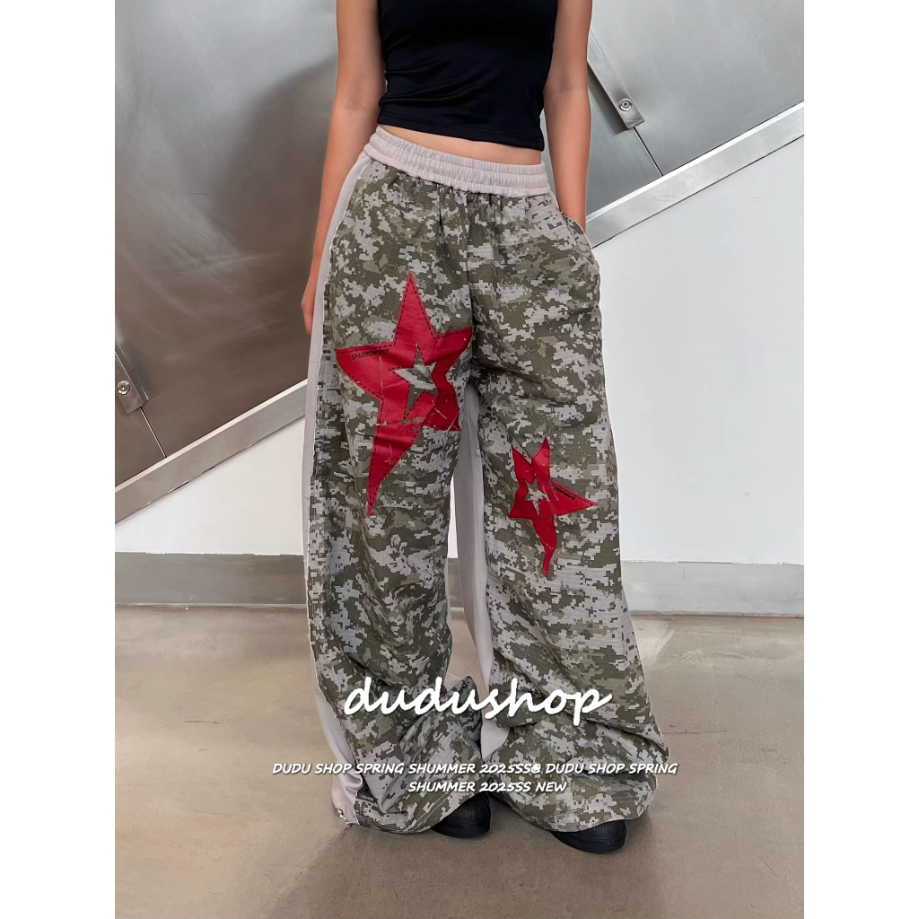 [Star-patterned casual camouflage pants]ผู้หญิงเกาหลีรุ่นวินเทจดาวพิมพ์ลำลองพรางขากว้างกางเกง