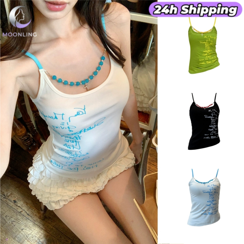 MOON เสื้อสายเดี่ยว เสริมฟองน้ำสีสดใส มินิมอล ยืดใส่สบาย ดีเทลแต่งลูกปัดเก๋ๆ y2k FY946
