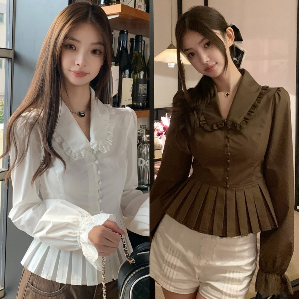 👚Anna_fashion👚เสื้อลูกไม้แขนพองสไตล์เกาหลีสำหรับผู้หญิง สื้อแขนยาวกาแฟ ดีไซน์แบบจีบ เสื้อเชิ้ตเข้ารูปสำหรับผู้หญิง W688