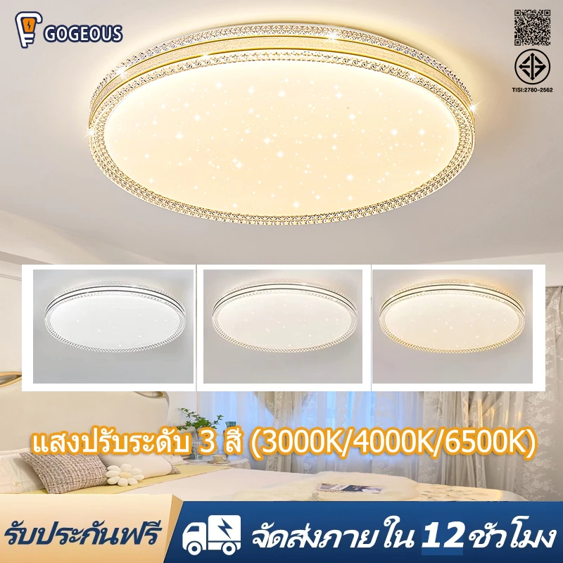 GOGEOUS โคมไฟเพดาน LED สว่างมาก ไฟติดเพดาน ไฟห้องนอน ไฟ3สี(3000-6500K) ปรับแสงได้ พร้อมรีโมท ไฟมินิมอล