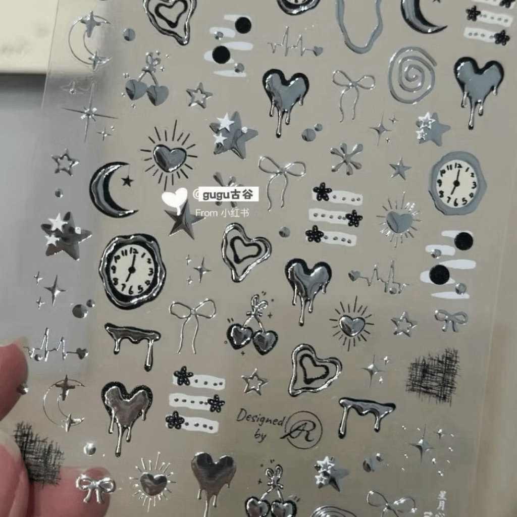 🩶✨พร้อมส่ง!สติ๊กเกอร์ตกแต่งเล็บ ขนาดเล็ก ลายนาฬิกาโทนสีเงิน สวยมาก iphone17pro promax
