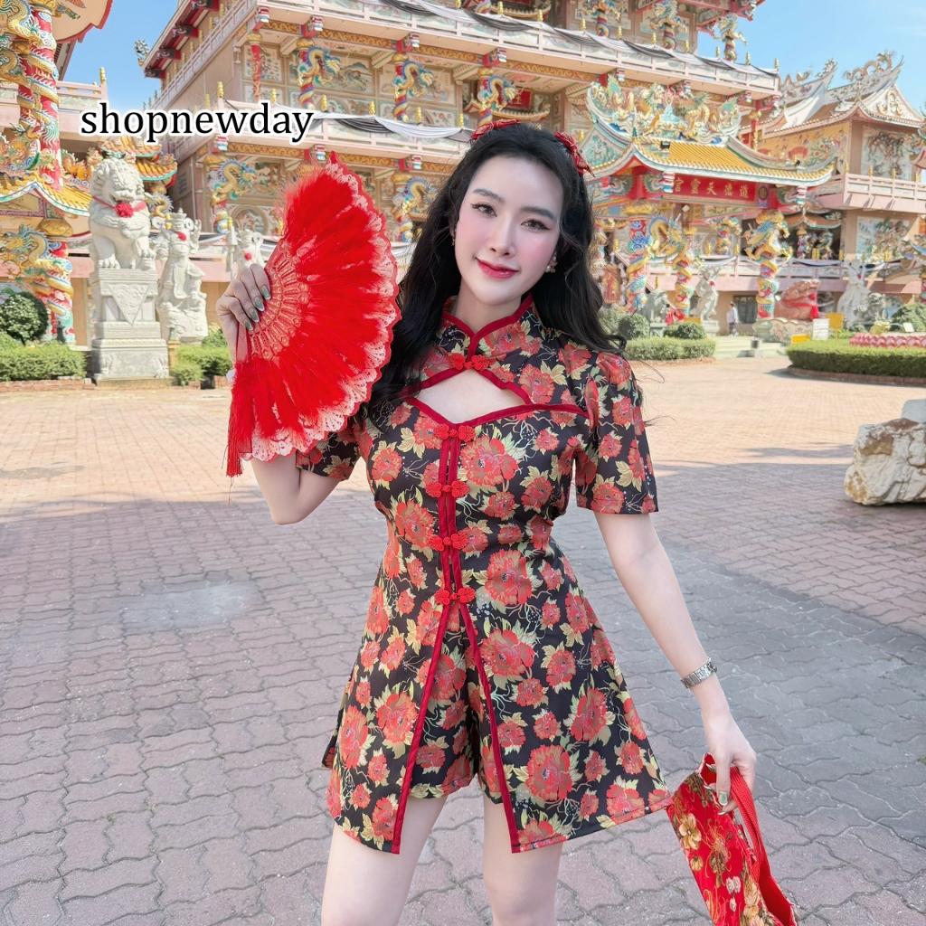 ชุดเซ็ทสั้น กี่เพ้า ผ้าครัช พิมพ์ลาย เสื้อคอจีนเว้าอกผ่าหน้าพร้อมสายผูกเอว+กางเกงเอวเรียบสม็อคหลังซิปข้าง ใส่ตรุษจีน A74 - รูปที่ 2