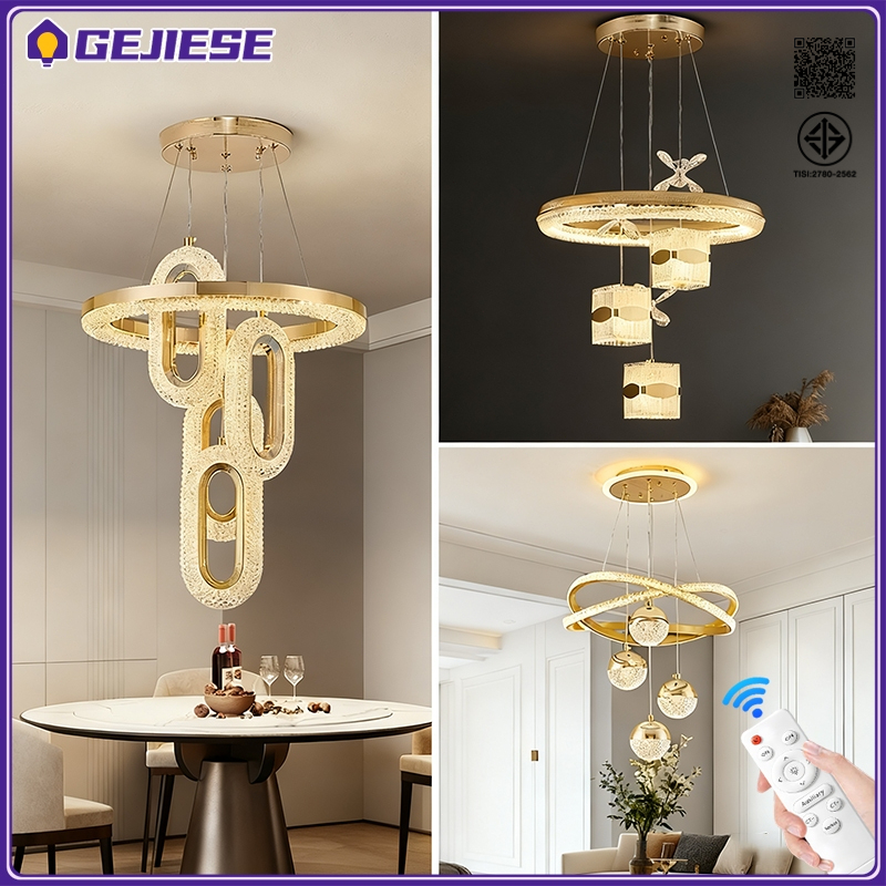 GEJIESE 3สี โคมไฟระย้า LED โคมไฟห้อย 3000K-6000K สามารถปรับความสูงได้ โคมไฟแขวน ด้วยการควบคุมระยะไกล โคมระย้า โคมไฟยุโรป