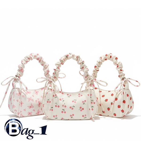 bag_1(BAG2219) กระเป๋าถือสะพายไหล่ลายดอกไม้ใบเล็ก ปรับสายย่นน่ารัก