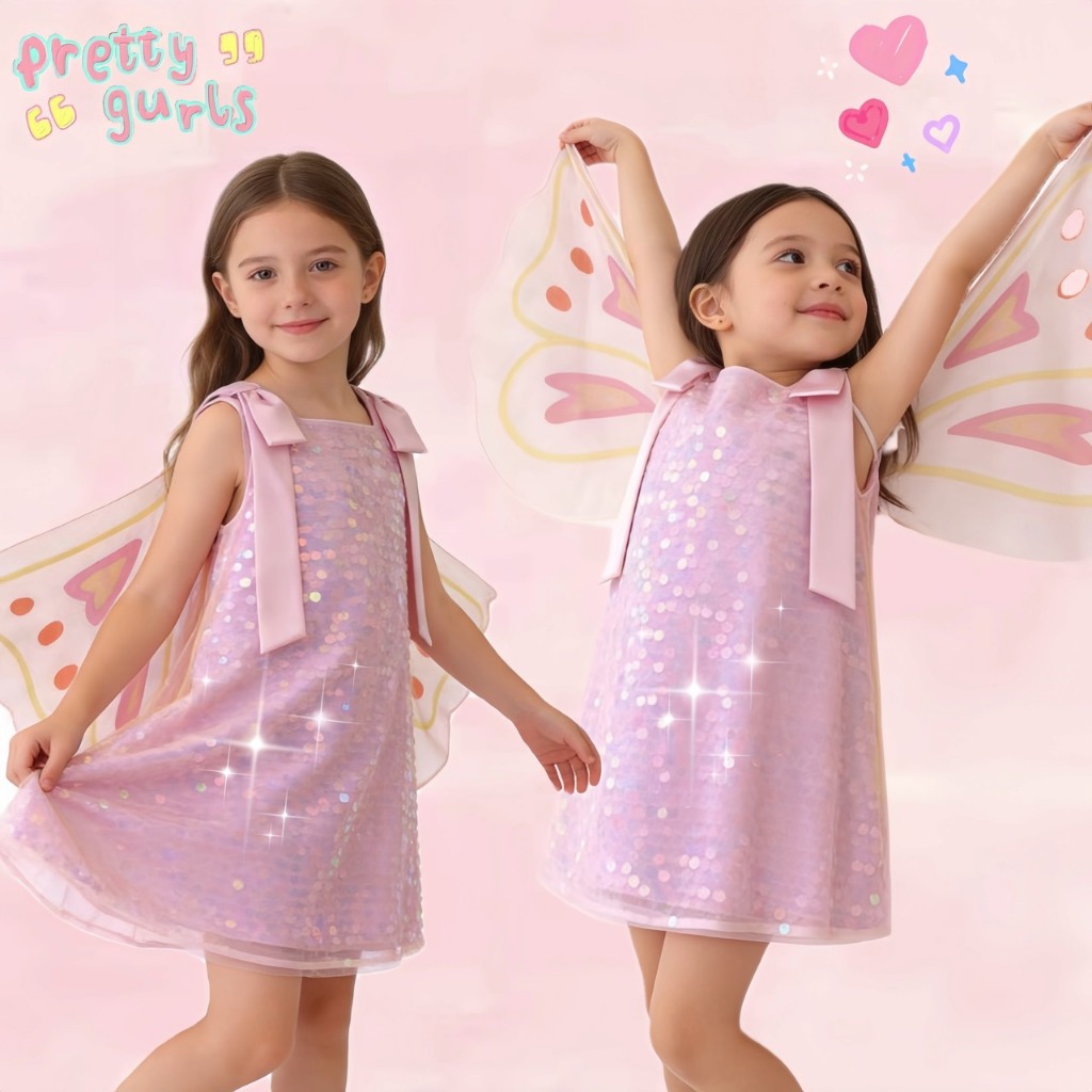 BB183 เดรสเด็กผู้หญิงนางฟ้าผีเสื้อ สีชมพู ชุดแฟนซีเด็ก ปีกผีเสื้อ กลิตเตอร์ ใส่ออกงาน น่ารักและสดใส