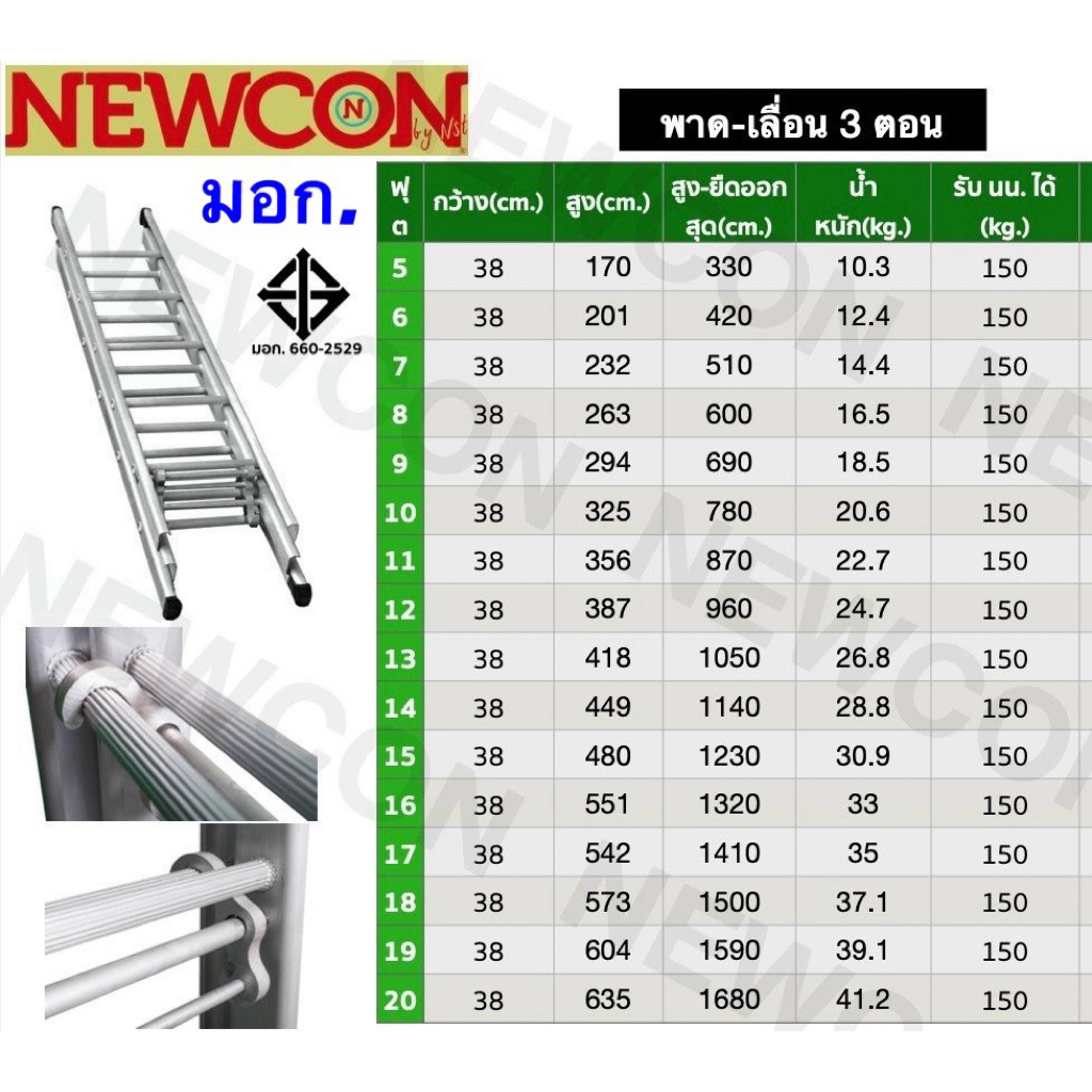ฟรีค่าจัดส่ง!NEWCON บันไดสไลด์ 3 ตอน(15*15*15ฟุต)ยืดสุด 12.3 ม.น้ำหนัก 30.9 กก.หนา 2 มม.รับน้ำหนัก 150 กก.