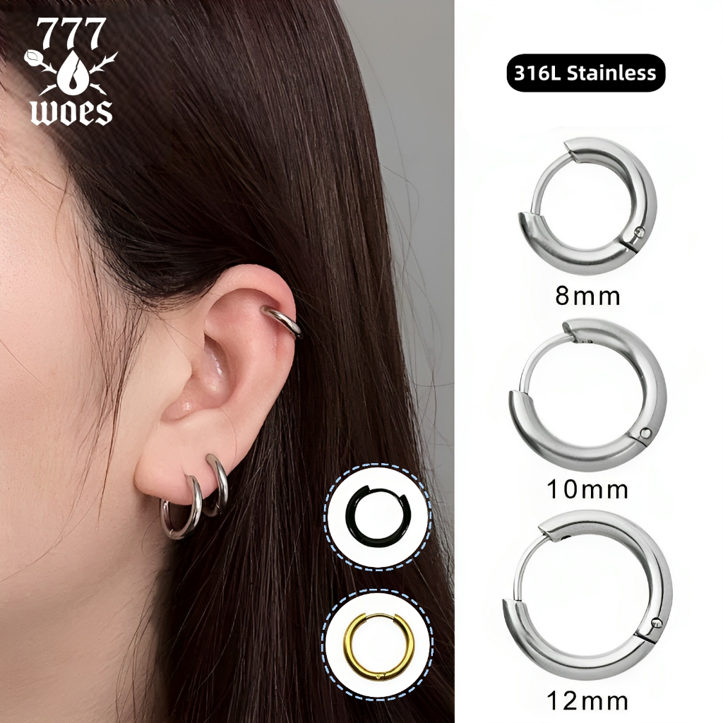 316Lเกรดแพทย์สแตนเลสสีดำเงินทองต่างหูห่วงวงกลมเรียบมินิมอลไม่ลอกสีใส่ได้ทุกวันแบบพื้นฐานใส่นอนได้