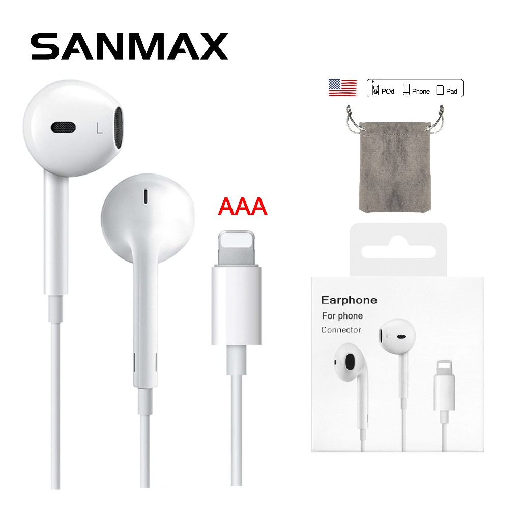 หูฟัง Sanmax D14 AAA อินเตอร์เฟซสายฟ้า โทรชัด ไม่ใช้บลูทูธ สำหรับ รุ่น phone 7 8 x  11 12 13 14 รับประกัน 1 ปี
