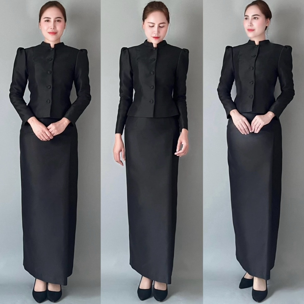 (พร้อมส่งจาก🇹🇭) ชุดดำไทยจิตรลดากระดุมหน้า บ่ายกไหล่จีบ มีซับใน ใช้ผ้าไหมอิตาลีเนื้อผ้าอย่างดี ผ้าอัดกาวทั้งชุด