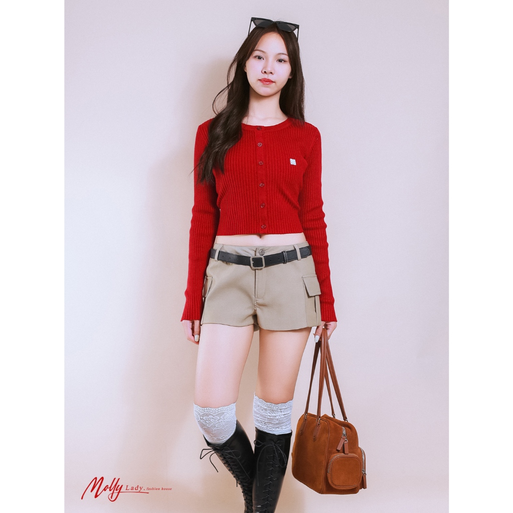 Molly Lady ❤️ Cargo Shorts กางเกงขาสั้นเอวต่ำ เข้ารูป มีกระเป๋าข้างพร้อมเข็มขัดหนัง  Low-waisted รูปที่ 5