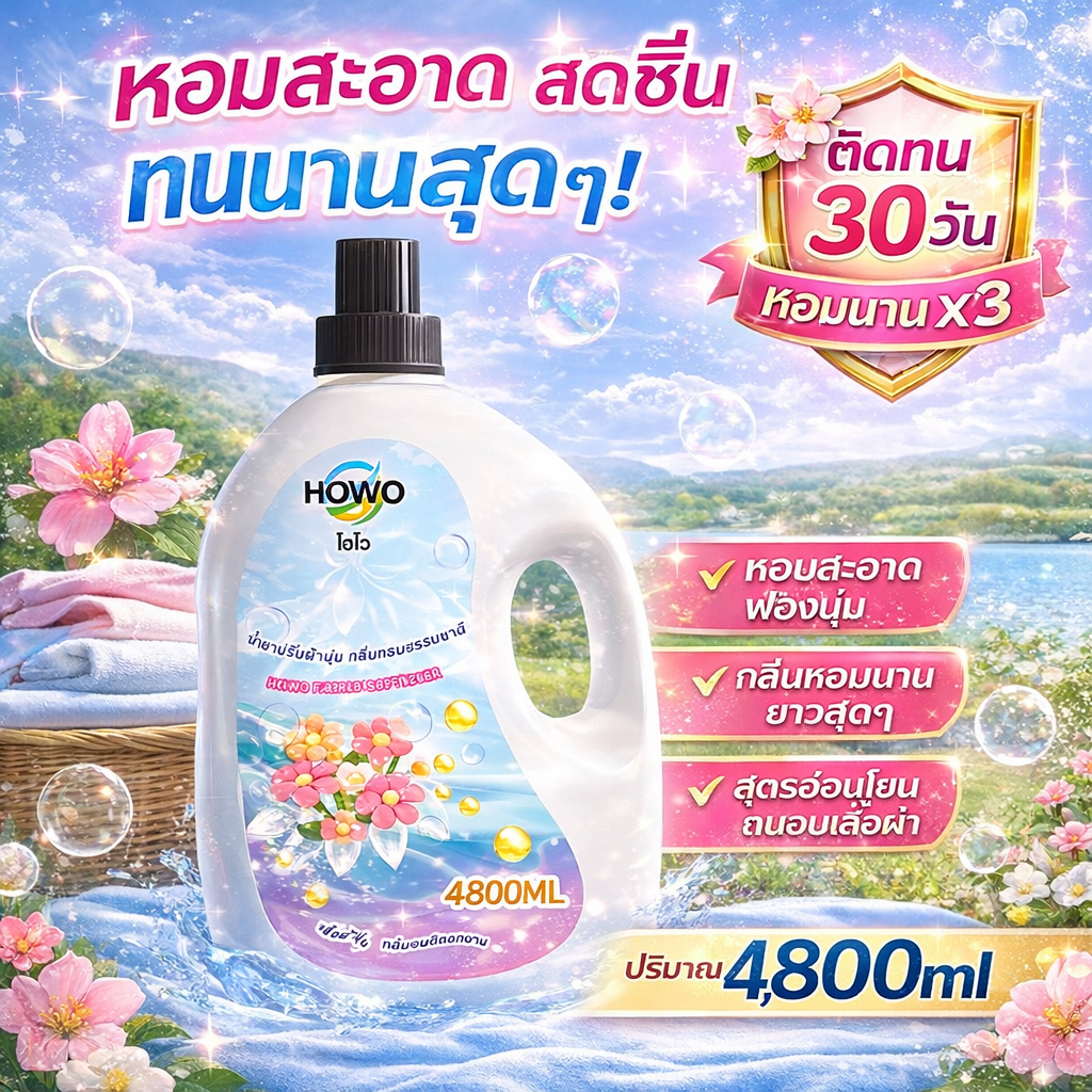 น้ำยาปรับผ้านุ่ม HOWO สูตรอ่อนโยน กลิ่นหอมติดผ้ายาวนาน ถนอมผ้าไม่ระคายเคืองผิว