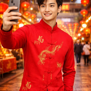 เสื้อคอจีนชาย(แขนยาว)ปักมังกร1ตัวสีแดง(LONG)