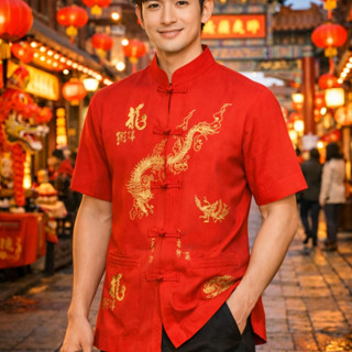 เสื้อคอจีนผู้ชายปักมังกร(แขนสั้น) สีน้ำเงินเข้ม สีขาว สีแดง