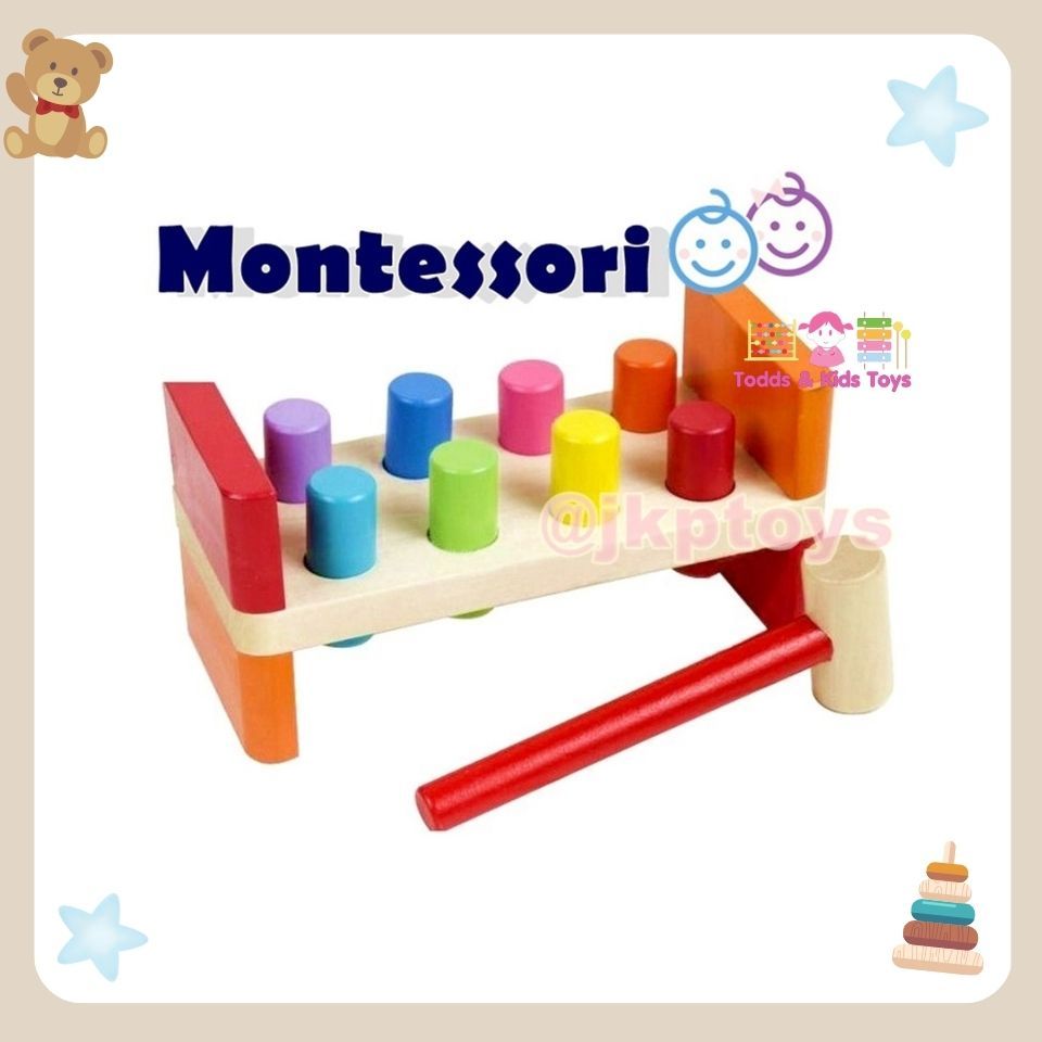 ของเล่นไม้เสริมพัฒนาการ ของเล่นค้อนทุบแท่งไม้ 8 สี