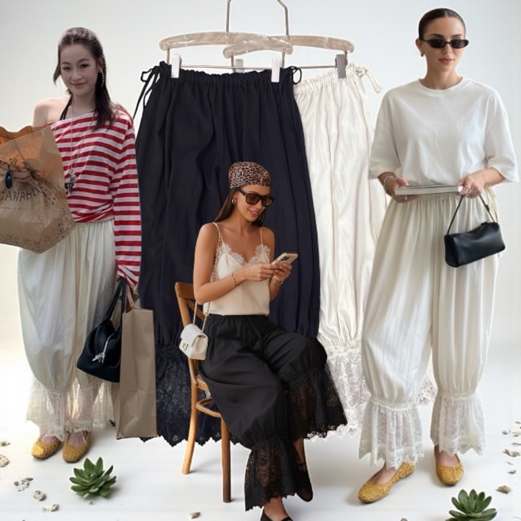 กางเกงฮาเรมสไตล์โบฮีเมี่ยน เเต่งชายลูกไม้ เนื้อผ้าคอตต้อน100% งานนำเข้าสวยคอดๆๆ มี2 สีนะคะ