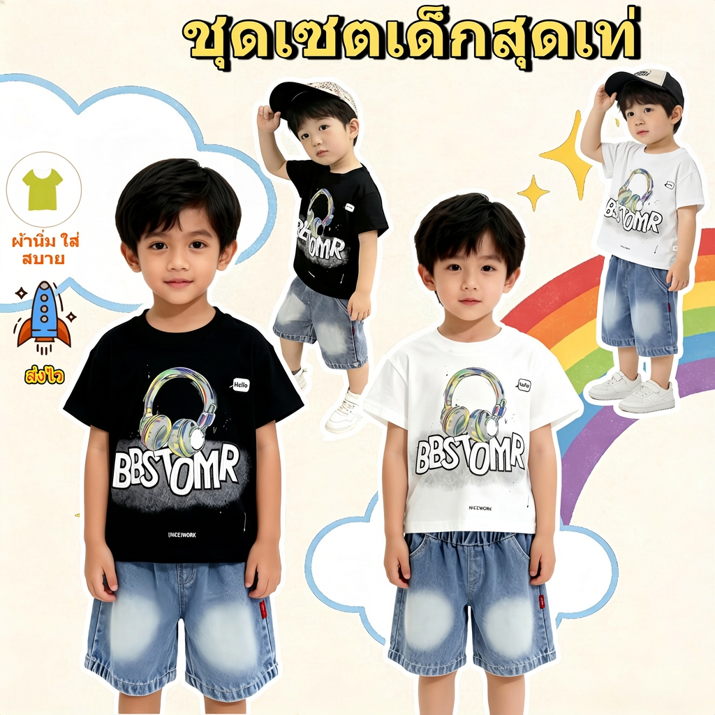 【COD】ชุดเซ็ตเด็ก2ชิ้น เสื้อลายหูฟังสุดเท่ มาพร้อมกับกางเกงยีนส์ขาสั้น สีฟอกยีนส์สวยมาก ทีมลูกชายคือต้องมี!!