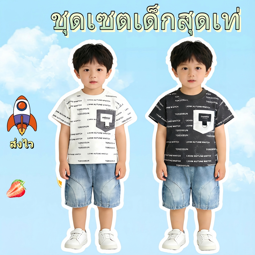 【COD】ชุดเซ็ตเด็กแฟชัน ดีไซน์เท่สุดๆ เสื้อยืดลายสุดฮิต กับกางเกงยีนส์ขาสั้นสไตล์โมเดิร์น ลูกชายใส่แล้วหล่อมาก ต้