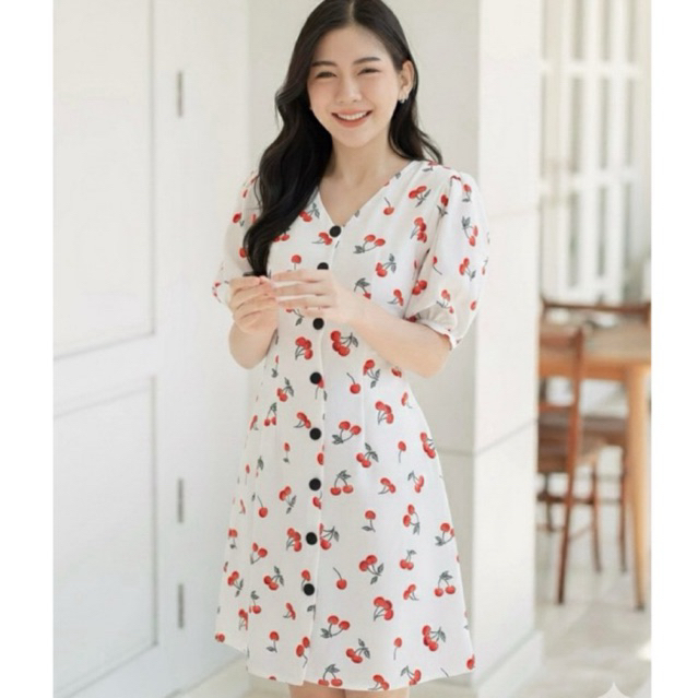 เดรสกระดุมหน้า ลายเชอรี่  ไซส์ S M L XL XXL มีซับในทั้งตัว สวยมากแม่ ผ้ายับยาก รีดง่าย ใส่สบายไม่ร้อน ไม่บาง