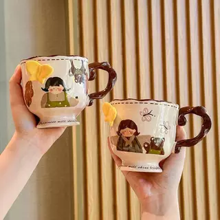 แก้วน้ำ พร้อมช้อน ลายการ์ตูน มีหูจับ แก้วเซรามิค ใส่เครื่องดื่มร้อน ชา กาแฟ สไตล์มินิมอล คาเฟ่ ลายน่ารัก สดใส สุดคิ้วท์
